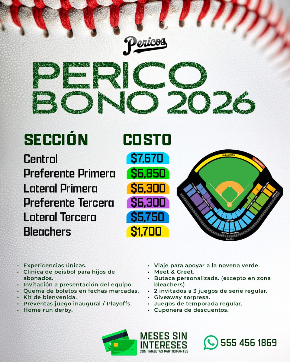 Pericos_Oficial's tweet photo. Asegura tu lugar para toda la temporada regular. 😎⚾

Adquiere tu #Pericobono y disfruta de beneficios exclusivos. 🙌🏻

Más información directo en taquilla o vía WhatsApp 55 54 56 18 69 📱

#ModoPericos 🟢 https://t.co/8XQRszWlIi