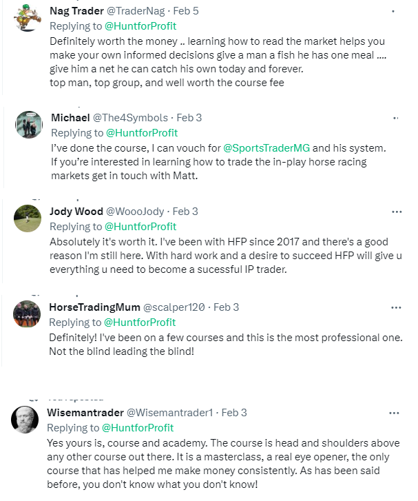 huntforprofit1's tweet photo. See here what some members have said about our Betfair in-play horse racing trading course &amp; academy  Check out more via the link below 👇 https://t.co/8a5PNoB2Yj https://t.co/meEjrxp3aj