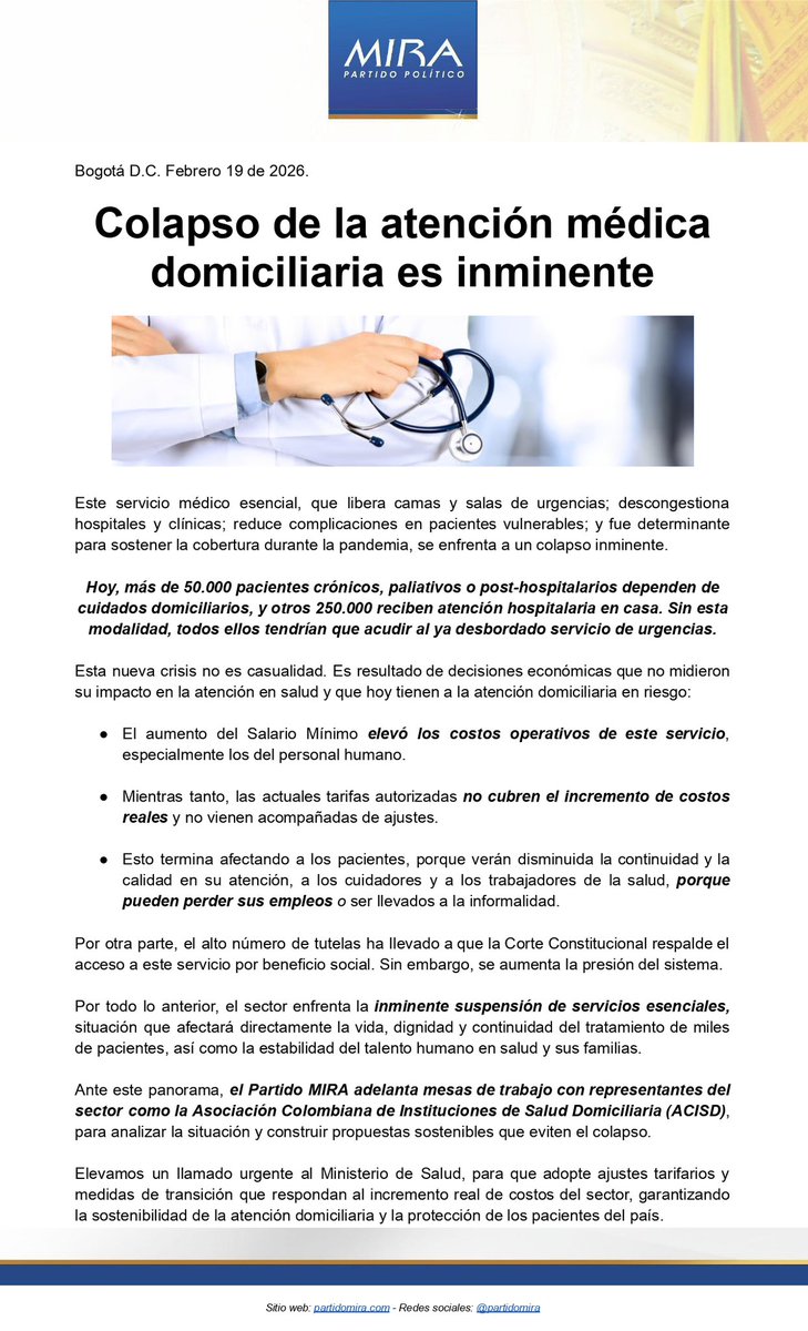 📢 Comunicado:

Atención médica domiciliaria, al borde del colapso: 50.000 pacientes crónicos y paliativos + otros 250.000 atendidos en casa, podrían terminar de vuelta en urgencias. Urgen medidas…

@MinSalud <a href="/ACISDoficial/">ACISD</a> <a href="/Fecoer/">Federación Colombiana de Enfermedades Raras</a> @ProMedicos <a href="/CConstitucional/">Corte Constitucional</a>