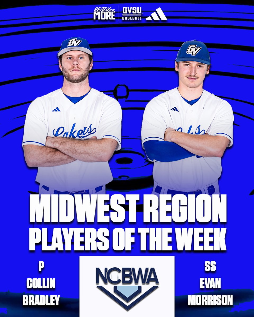 GVSUBaseball's tweet photo. Grand Valley State senior RHP pitcher Collin Bradley and senior SS Evan Morrison have been named the @NCBWA Midwest Region Players of the Week.

https://t.co/uH4NhJxFZE

#AnchorUp | #ReadyForMore https://t.co/PbmDpOGPTU