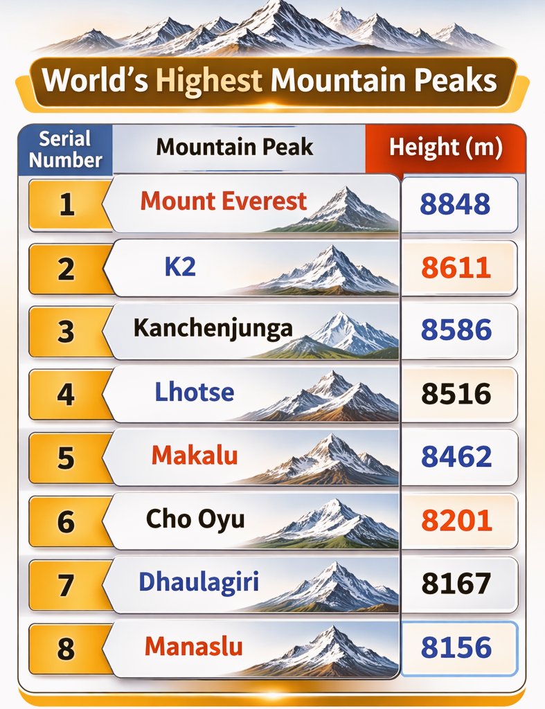World’s Highest Mountain Peaks

Quick facts for UPSC Prelims 2026 

#UPSC