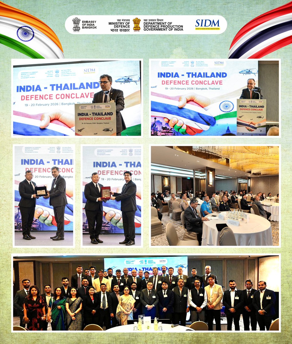 SIDMIndia's tweet photo. The Embassy of India, Bangkok, in association with the Department of Defence Production, Ministry of Defence, Government of India, and the Society of Indian Defence Manufacturers (SIDM), organised a focused Defence Industry Seminar and B2B Interaction in Bangkok, Thailand, on 19th February 2026.

From 1030–1130 hrs, H.E. Mr. Nagesh Singh, Ambassador of India to the Kingdom of Thailand, held an exclusive interaction with the Indian defence companies to discuss the Thailand defence and aerospace ecosystem, market opportunities, regulatory landscape, and avenues for deeper industrial collaboration.

The inaugural session was graced by H.E. Mr. Nagesh Singh along with senior representatives from the Defence Technology Institute (DTI), Thailand.
The interaction witnessed strong participation from both sides, with 25 leading Indian defence industries showcasing their capabilities across aerospace, land systems, naval systems, drones and counter-drone systems, protective armour, missile systems, ammunition, simulators, and emerging defence technologies.

The structured B2B meetings and industry presentations enabled meaningful discussions between Indian and Thai defence stakeholders, highlighting significant potential for partnerships, technology collaboration, joint development, and supply chain integration.
The engagement reflected the growing momentum in India–Thailand defence cooperation and reaffirmed the shared commitment to strengthening bilateral defence industrial ties.

SIDM expresses its sincere appreciation to the Embassy of India in Bangkok for facilitating this important initiative and for its continued support in advancing India–Thailand defence collaboration.

Together, we strengthen strategic defence ties between India and Thailand under the vision of #MakeInIndia for the world. 🇮🇳🇹🇭

#IndiaThailand #DefenceCooperation #MakeInIndia #DefenceIndustry #AtmanirbharBharat