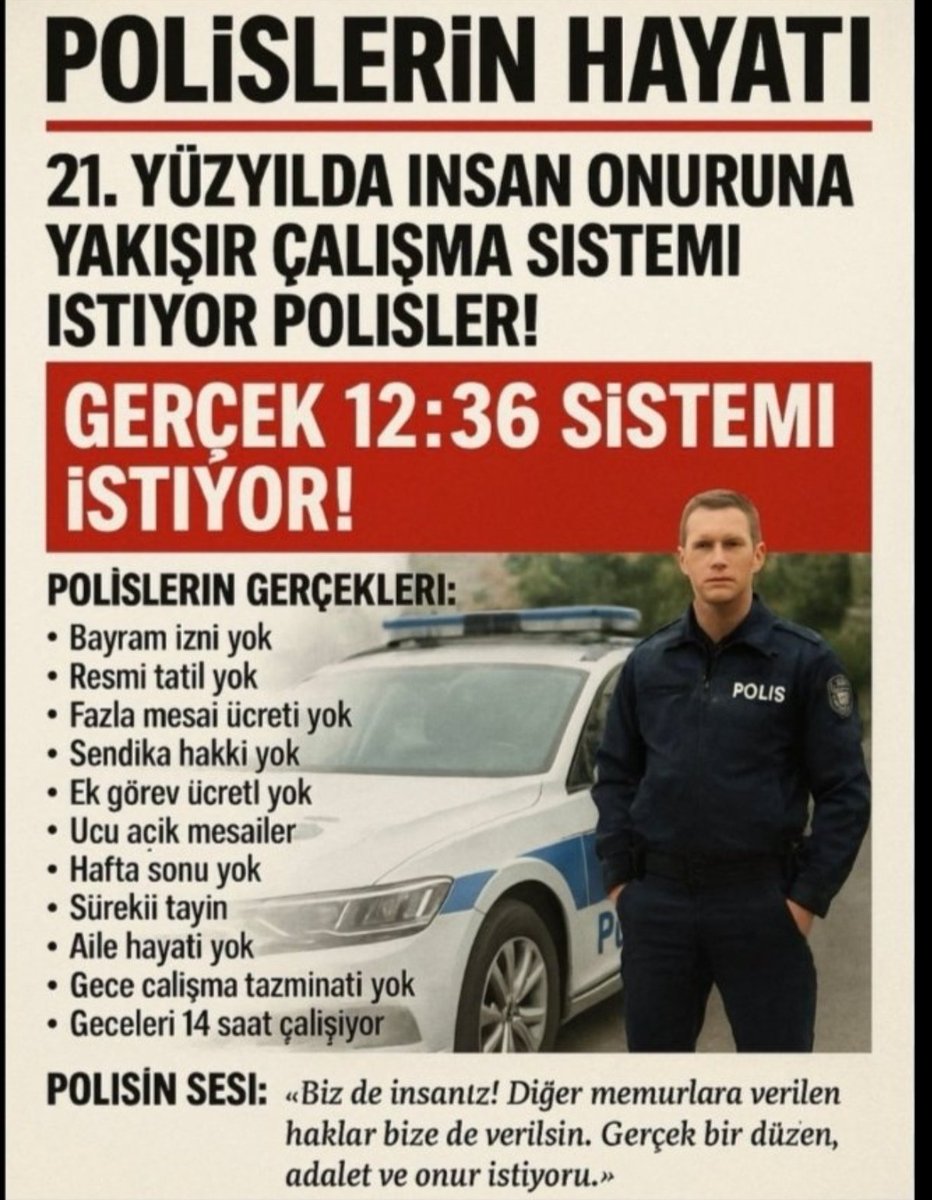 ⛔Polis maaşlarda eşitlik istiyor 
⛔Polis mesai ücreti istiyor 
⛔Polis meslek kanunu istiyor 
⛔Polis Sendika istiyor 
⛔Polis 12/36 çalışma sistemi istiyor 
⛔Polis ek görevlerde ücret istiyor 
⛔Polis insanca yaşamak istiyor
#PoliseBakanYokMu