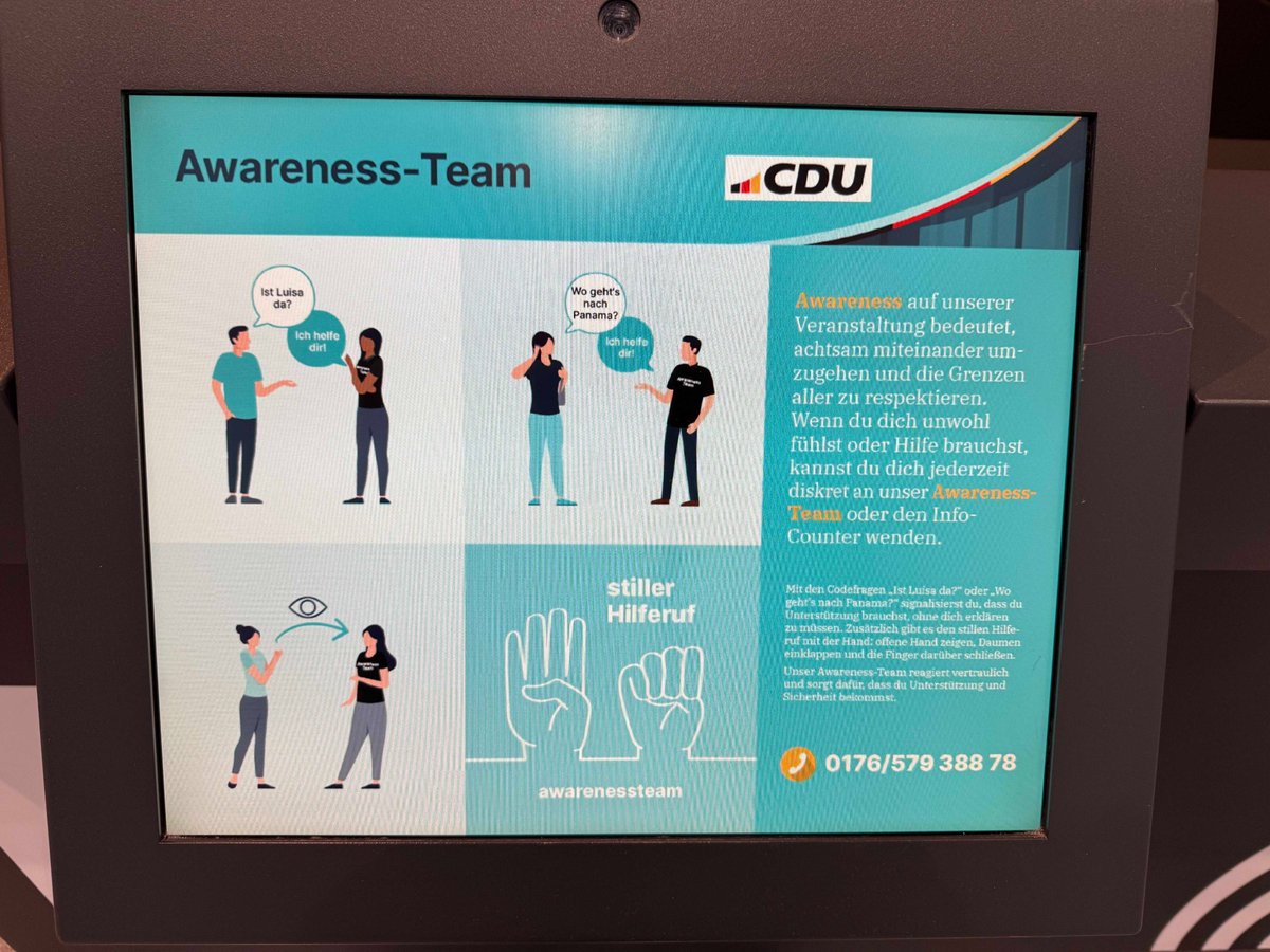 mr_jenswinter's tweet image. Auf dem CDU-Parteitag in Stuttgart gibt es ein „Awareness-Team“. Falls sich die Mitglieder der Partei dort gegenseitig missbrauchen (offenbar notwendig, sich davor zu schützen), rät dieses, in ‚Codefragen‘ wie „Ist Luisa da?“ oder „Wo geht’s nach Panama?“ auf die Misshandlung