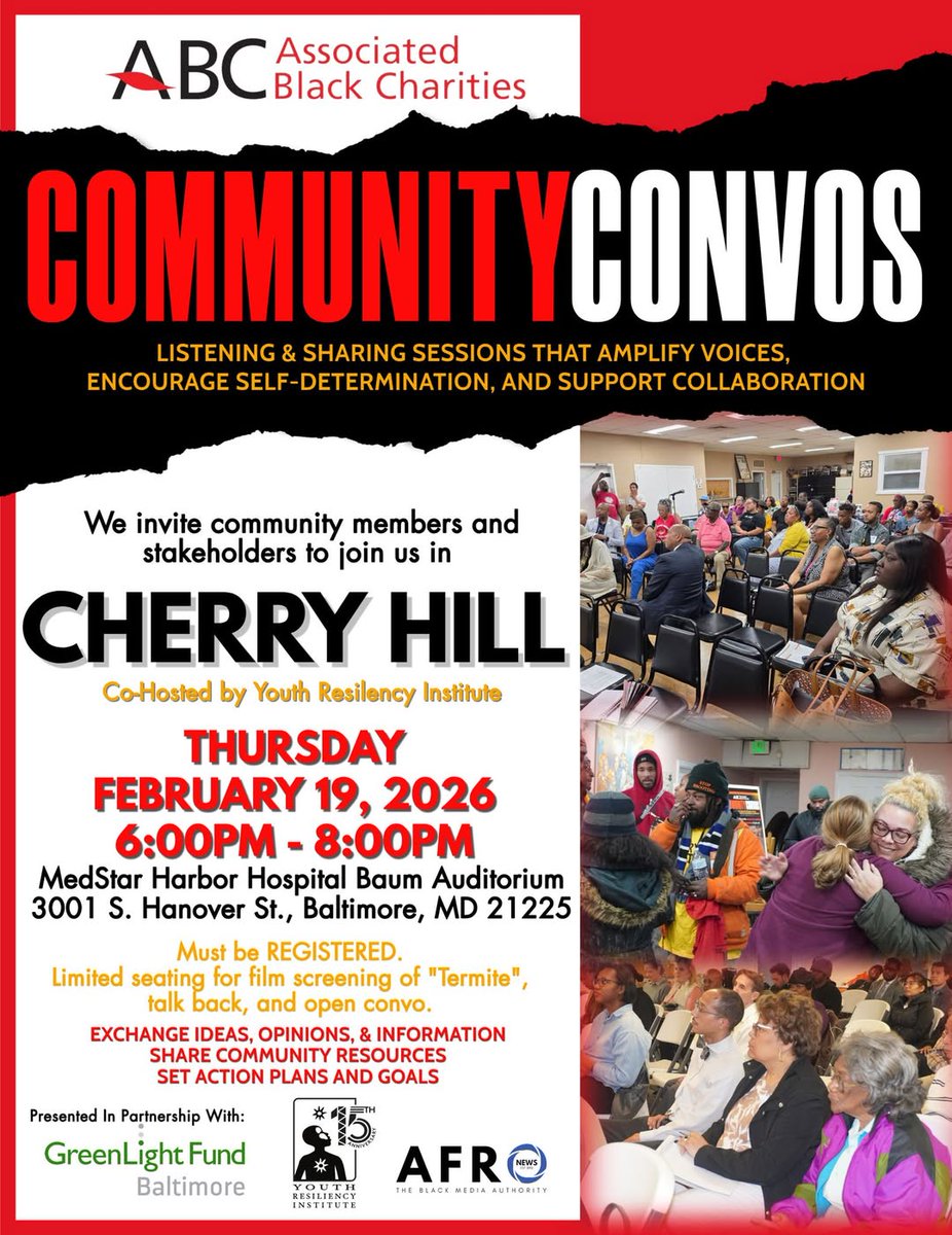 #today 
#cherryhill
The Youth Resiliency Institute, in partnership with Associated Black Charities, The Afro, and GreenLight Fund, is excited to invite you to a special edition of Community Convos in Cherry Hill. 

Registration Link: bit.ly/cheryhillcommu…