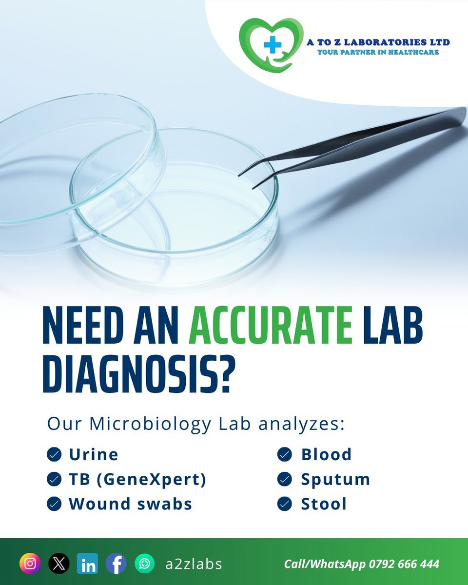 a2zlaboratories's tweet photo. Need an accurate lab diagnosis? 🔬

Our Microbiology Lab tests: urine, TB (GeneXpert), wound swabs, blood, sputum &amp; stool with fast, reliable results.

📞 0792 666 444 | @a2zlabs
#MicrobiologyLab #AccurateDiagnosis #TBTesting #LabTestsNairobi https://t.co/L5bmkfGY1m