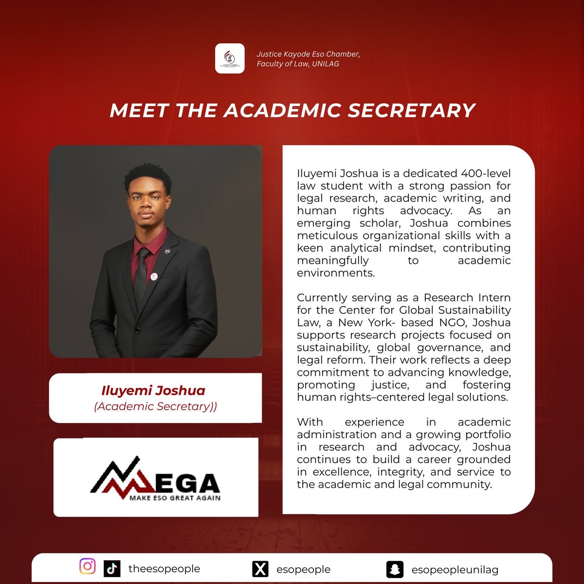 KNOWLEDGE NEEDS A CUSTODIAN.

And our custodian is Iluyemi Joshua. 
You’ll find Iluyemi Joshua in research and policy spaces that demand precision.
He shows that Excellence is not just announced, it is practiced.

Meet Iluyemi Joshua, the Academic secretary.

THE MEGA TEAM .