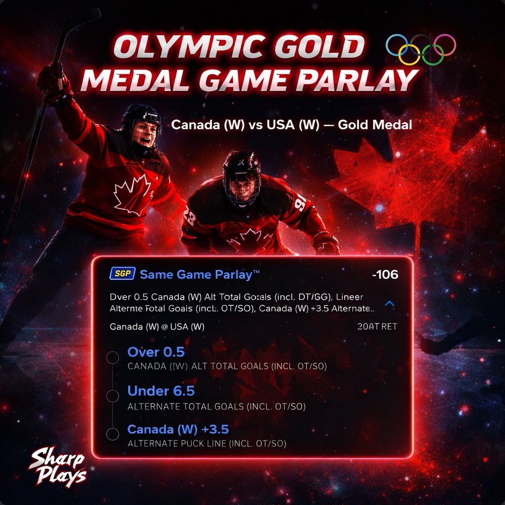 sharplays_'s tweet photo. 🇨🇦 GOLD ON THE LINE.

Canada gets on the board, elite defense keeps this one tight, and the +3.5 gives us room in a rivalry that’s always a battle.

Olympic Gold Medal Game we’re riding with Canada. Let’s cash.

#sportsbetting #hockeybets #olympichockey #canadavsusa #bettingtips https://t.co/LNqXqvsSeP
