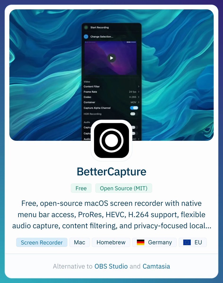 Free for ever, open-source screen recorder with native menu bar access, ProRes, HEVC, H.264 support, flexible audio capture, content filtering, and privacy-focused local storage