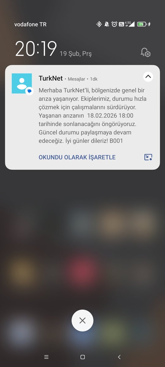 BDT_27's tweet photo. @TurkNetDestek Ben artık dalga geçtiğinizi düşünüyorum. 19.02.2026 tarihindeyiz ve devam eden arızayı nasıl 18.02.2026 tarihinde çözmeyi öngördüğünüzü anlamadım. https://t.co/BRVQfvu3DI