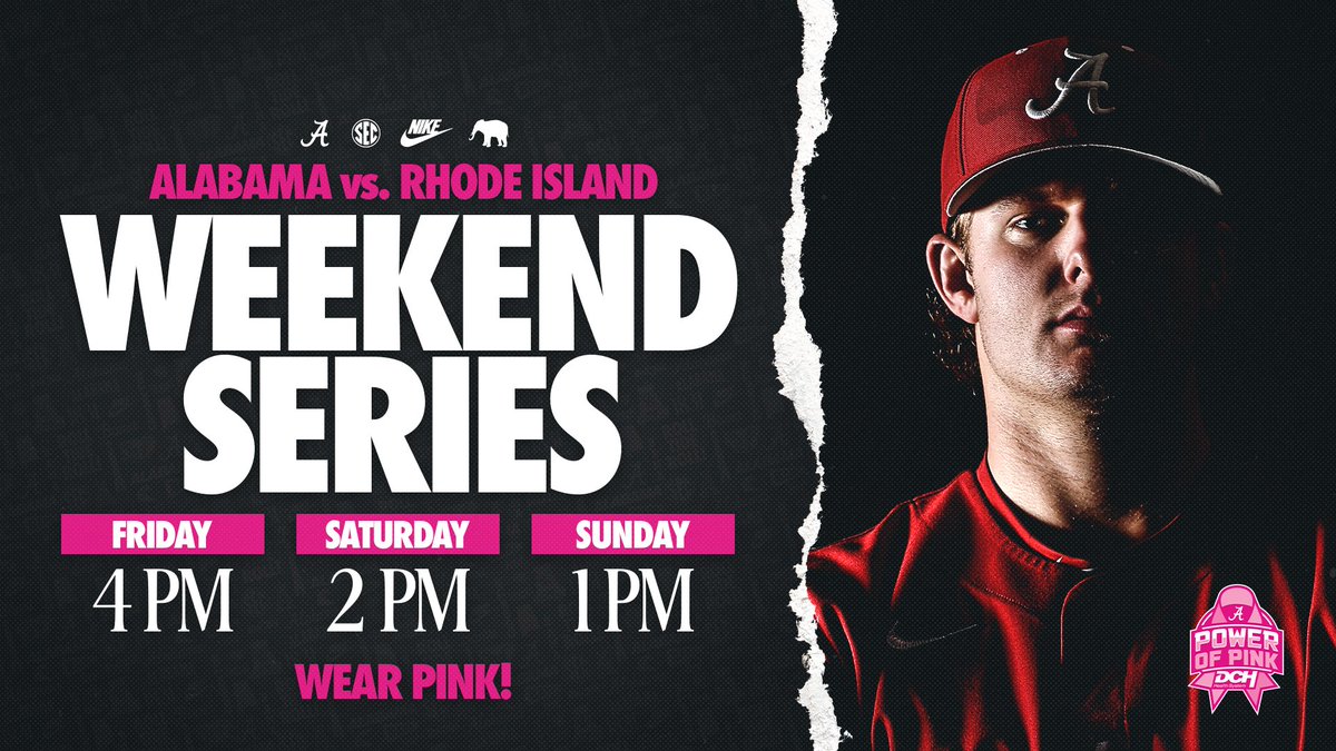 Power of Pink 🤝 Alabama baseball!☺️🩷

🆚 Rhode Island
📍 Sewell-Thomas Stadium
⏰ Fri. 4 PM | Sat. 2 PM | Sun. 1 PM

#RollTide | <a href="/AlabamaBSB/">Alabama Baseball</a>