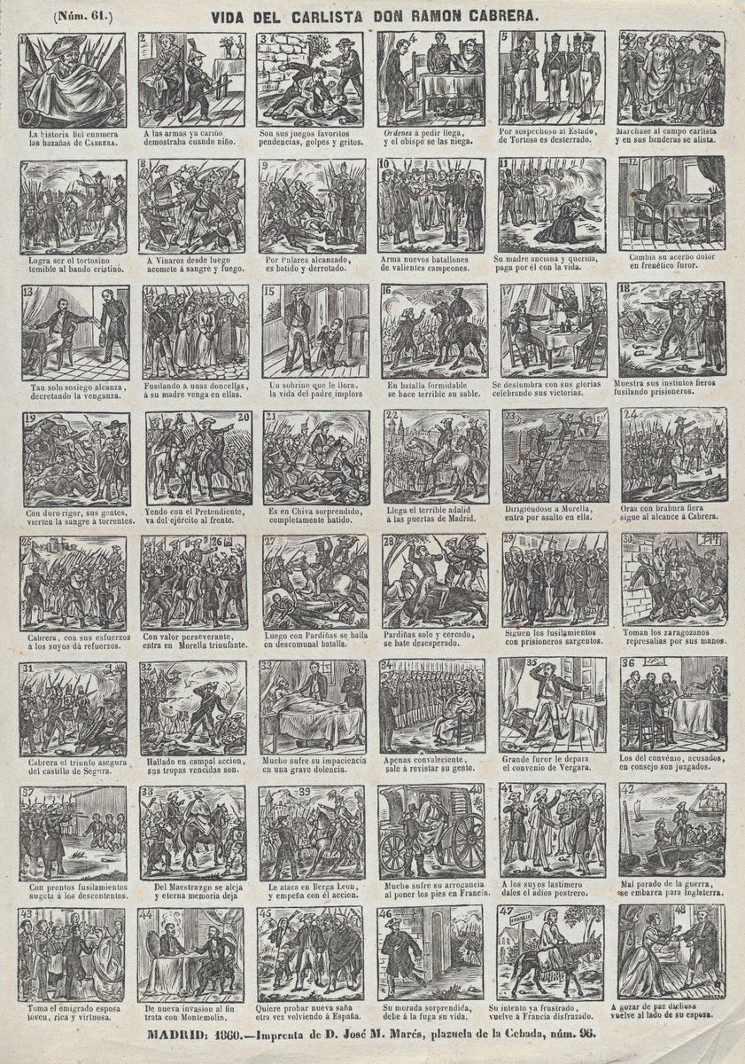 DespertaFerro's tweet photo. "Muestra sus instintos fieros, fusilando prisioneros". En el reciente Historia Moderna n.º 80: 'Cabrera. La Primera Guerra Carlista en el Maestrazgo' publicamos esta 'Vida del carlista don Ramón Cabrera' (1860), aleluya de José Nogueras impresa por José María Marés en la madrileña plaza de la Cebada, de los fondos de The Metropolitan Museum of Art, Nueva York. La aleluya, llamada auca en catalán, es un tipo de estampa surgido en Cataluña y Valencia a finales del siglo XVII y que fue especialmente popular en el siglo XIX, época en la que se extendió por toda la geografía española. Consiste en una historieta formada por cuarenta y ocho viñetas acompañadas de sendos versos, generalmente heptasílabos con rima consonante. Esta, en concreto, nos da una buena idea de cómo desde las filas del liberalismo se presentó al público popular la figura de Ramón Cabrera: pendenciero, sanguinario, a menudo batido y, a la postre, finalmente derrotado y exiliado, una personificación caricaturesca del carlismo y de la reacción que tanto aborrecían los progresistas.
🔗 https://t.co/nFqakWjIUT