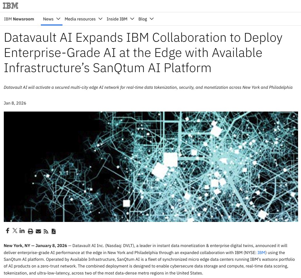 og_tigress's tweet photo. $DVLT #advertisement

In a joint press release with $IBM, Datavault announced a transformative project which will start this quarter and is anticipated to annualize a revenue target of $2B-$3B by 2027 and a $400M-$500M initial project target revenue in 2026. With the usage of the SanQtum AI platform, they will synchronize micro edge data centers along side IBM's watsonx portfolio of AI products to enable cybersecure data storage and compute, real-time data scoring, tokenization and ultra-low-latency in the two most data-dense areas of the US in New York and Philadelphia.

This project will target 100+ cities across the US once fully developed potentially capturing a significant share of the insurance and financial sectors, the healthcare industry, and enterprise opportunities.

This project further supports the target revenue of atleast $200M by year end in one transaction alone, not including any other side of their growing business model. 

https://t.co/GGKY3erXs5

https://t.co/iNJEHF424k

disclaimer: https://t.co/SBLMeexN56