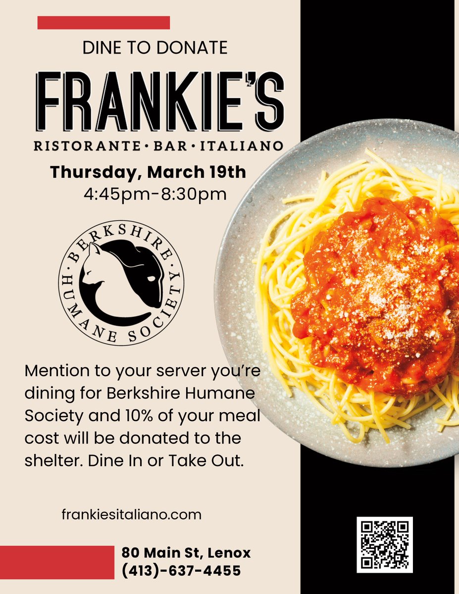 Save the Date - "Dine to Donate" @ Frankie's - 3/19/26 - 10% of your bill will be donated to the shelter! We hope to see you there!
Frankie's Ristorante – Italian Restaurant Lenox MA
#dinetodonate #localrestaurant #thankful