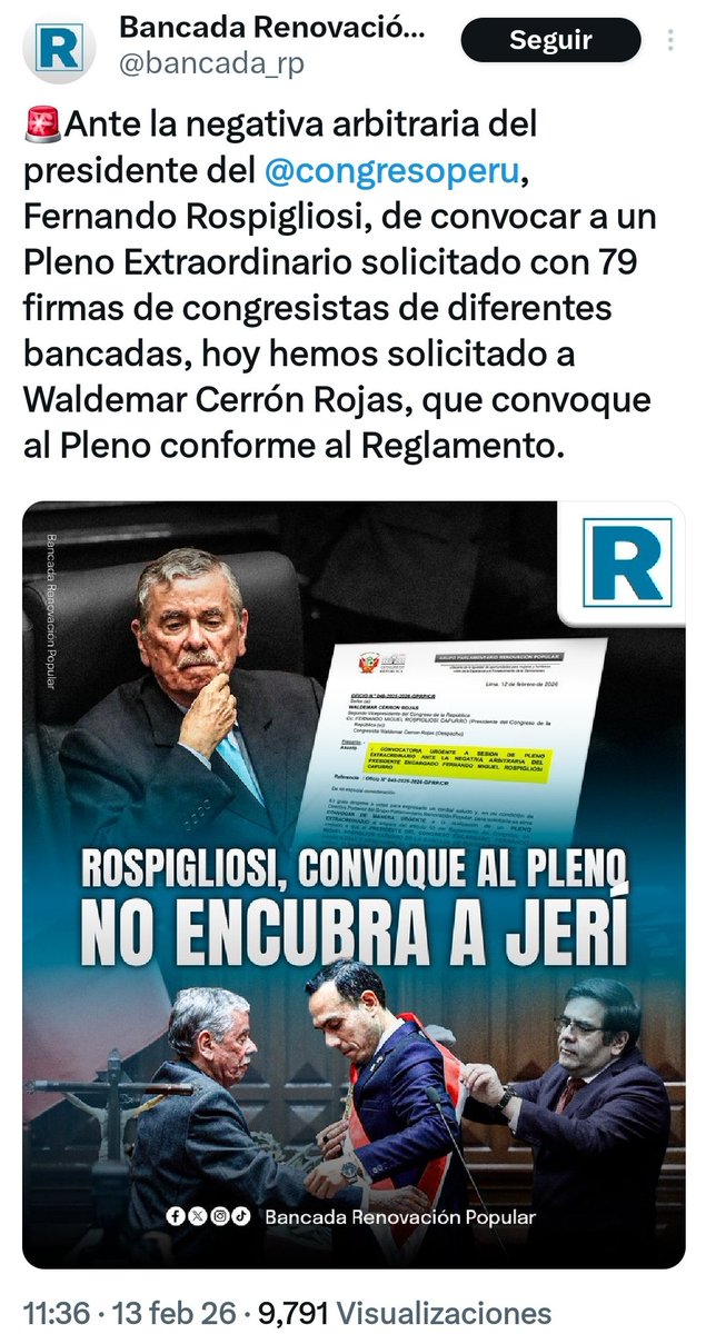Duele decirlo, pero esta es la prueba de que RP presionó hasta el final para censurar a Jerí, recurrieron hasta Waldemar Cerrón (hno de Vladimir) para que convoque al pleno de Censura. Ahora culpan a Keiko de esta desgracia, cuando ellos fueron los impulsores. ¡Háganse cargo!🤦🏽‍♂️