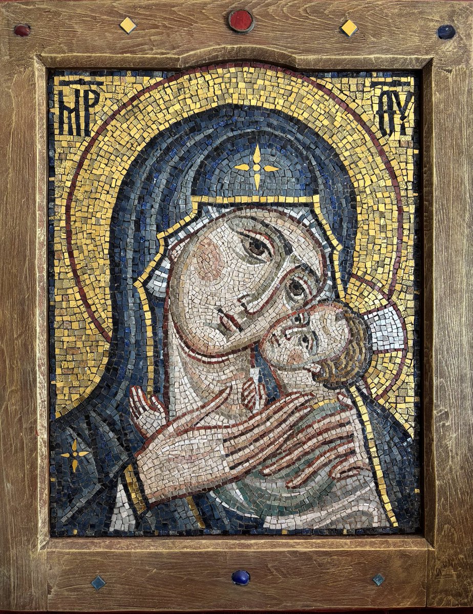 chowcollection's tweet image. The Virgin of Tenderness (2017), by Yury Yarin. Stone, smalti, gold leaf, wood.
#mosaic #iconography #virginmary #russianicon