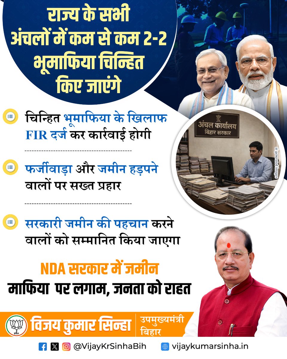 हर अंचल में अब भूमाफिया चिन्हित होंगे कम से कम 2-2 की सूची बनेगी। सरकारी जमीन हड़पने वालों पर FIR के साथ सख्त कार्रवाई होगी और जो सरकारी भूमि की पहचान करेंगे, उन्हें सम्मानित किया जाएगा।
अब भूमाफिया नहीं, कानून चलेगा!

#Bihar #LandReforms #BhuMafia #ZeroTolerance #GoodGovernance
