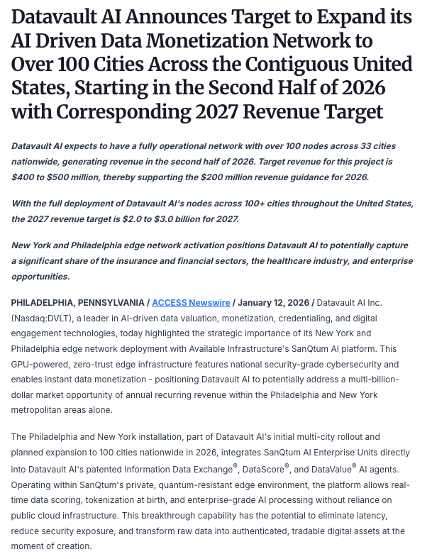 og_tigress's tweet photo. $DVLT #advertisement

In a joint press release with $IBM, Datavault announced a transformative project which will start this quarter and is anticipated to annualize a revenue target of $2B-$3B by 2027 and a $400M-$500M initial project target revenue in 2026. With the usage of the SanQtum AI platform, they will synchronize micro edge data centers along side IBM's watsonx portfolio of AI products to enable cybersecure data storage and compute, real-time data scoring, tokenization and ultra-low-latency in the two most data-dense areas of the US in New York and Philadelphia.

This project will target 100+ cities across the US once fully developed potentially capturing a significant share of the insurance and financial sectors, the healthcare industry, and enterprise opportunities.

This project further supports the target revenue of atleast $200M by year end in one transaction alone, not including any other side of their growing business model. 

https://t.co/GGKY3erXs5

https://t.co/iNJEHF424k

disclaimer: https://t.co/SBLMeexN56