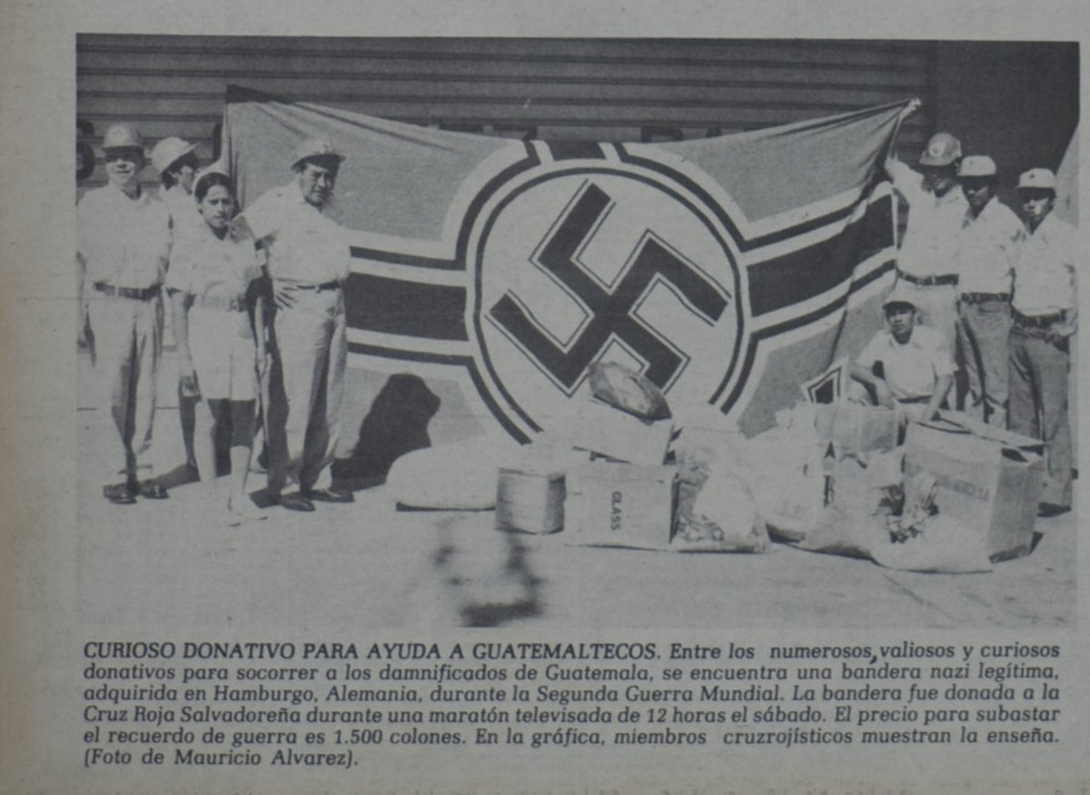 vgarc1ar's tweet photo. Hoy, en #ElSalvador de hace 50 años (19/Feb/1976), la Cruz Roja Salvadoreña subasta una BANDERA NAZI por 1500 colones, con el objetivo de recaudar fondos para los damnificados del terremoto que hace días azotó Guatemala.
"Alguien" se las donó, y les pareció bien subastarla
😵‍💫😱🤬 https://t.co/ZJXMdNxr5J