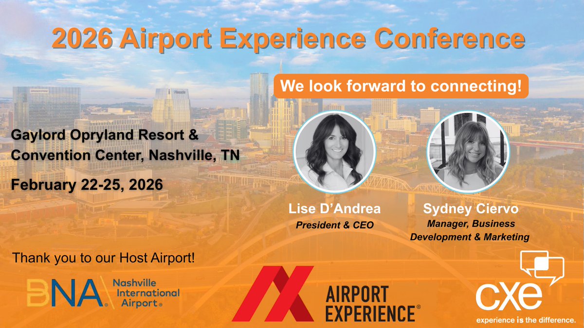 Cxe_Inc's tweet photo. Lise D'Andrea, President &amp; CEO and Sydney Ciervo, Manager of Business Development &amp; Marketing, will be attending the Airport Experience Conference 2026 in Nashville!

👉 Learn more about the conference: https://t.co/cE0UisHX5n 

#AirportCX #EmployeeExperience #CustomerExperience https://t.co/jBqJvgfRYE