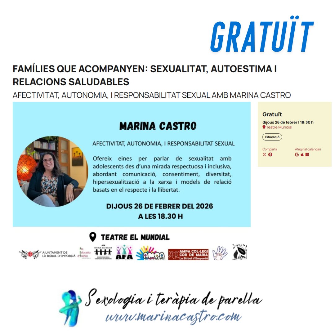 Conferència amb eines per parlar de sexualitat amb adolescents des d’una mirada respectuosa i inclusiva, abordant comunicació, consentiment, diversitat, hipersexualització a la xarxa i relacions saludables.

marinacastro.com/activitats-par…
#adolescencia #labisbal #ESI