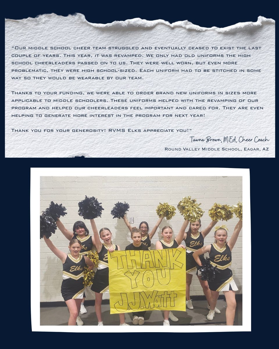 WattFoundation's tweet photo. Round Valley Middle School in Eagar, AZ received $2,552.52 for cheer uniforms.  #DreamBigWorkHard https://t.co/OFMzIAqHtF
