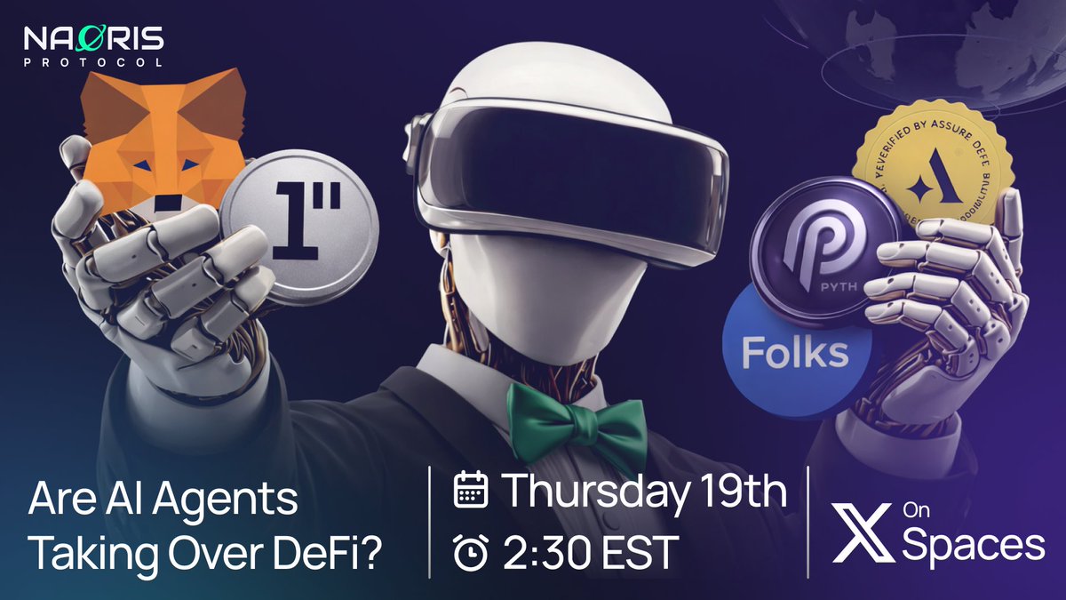 NaorisProtocol's tweet image. 🚨 2 HOURS TO GO!

Joined by industry leaders from @MetaMask @1inch @FolksFinance @PythNetwork @AssureDefi

Live on X Spaces. AI Agents x DeFi. Are we ready?

Join us👇
x.com/i/spaces/1DXxy…