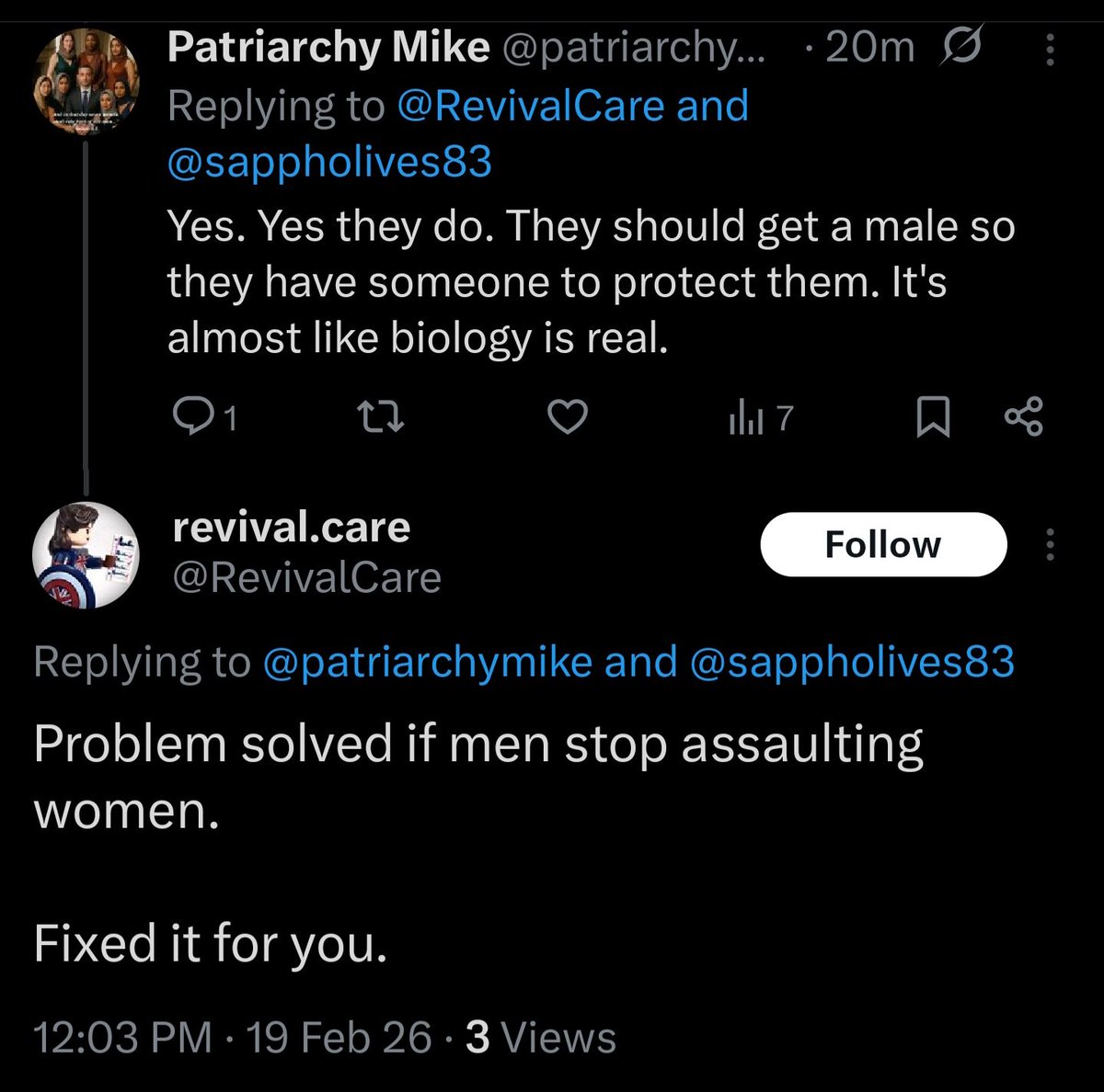 Yeah, well since that's never going to happen. There will always be bad people out there. Let's focus on protecting women rather than dreaming up an imaginary fantasy land.