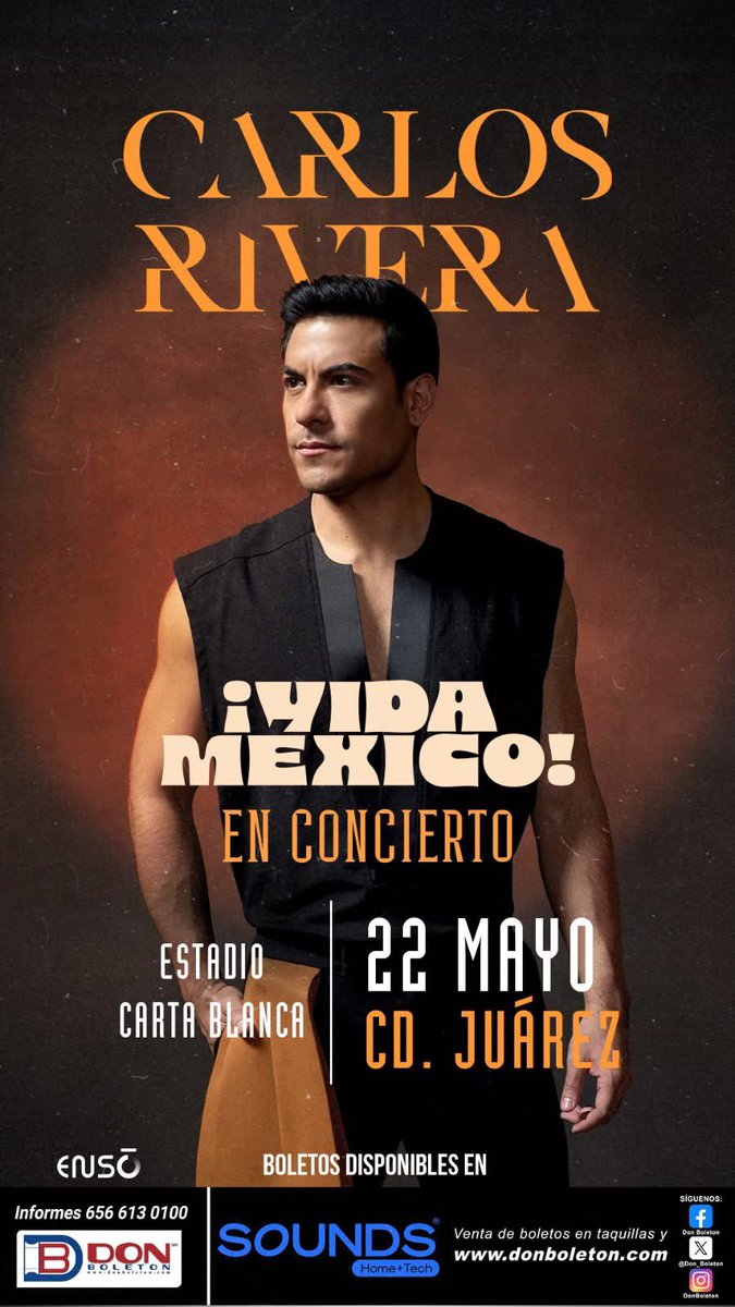 JaimeNeri22's tweet photo. ¡Vida México! de @_CarlosRivera llega a Cd. Juárez este 22 de mayo en el Estadio Carta Blanca, venta de boletos por Don Boleton 

#VidaMéxicoTour #CarlosRivera #Riveristas https://t.co/9vvMNtrc90