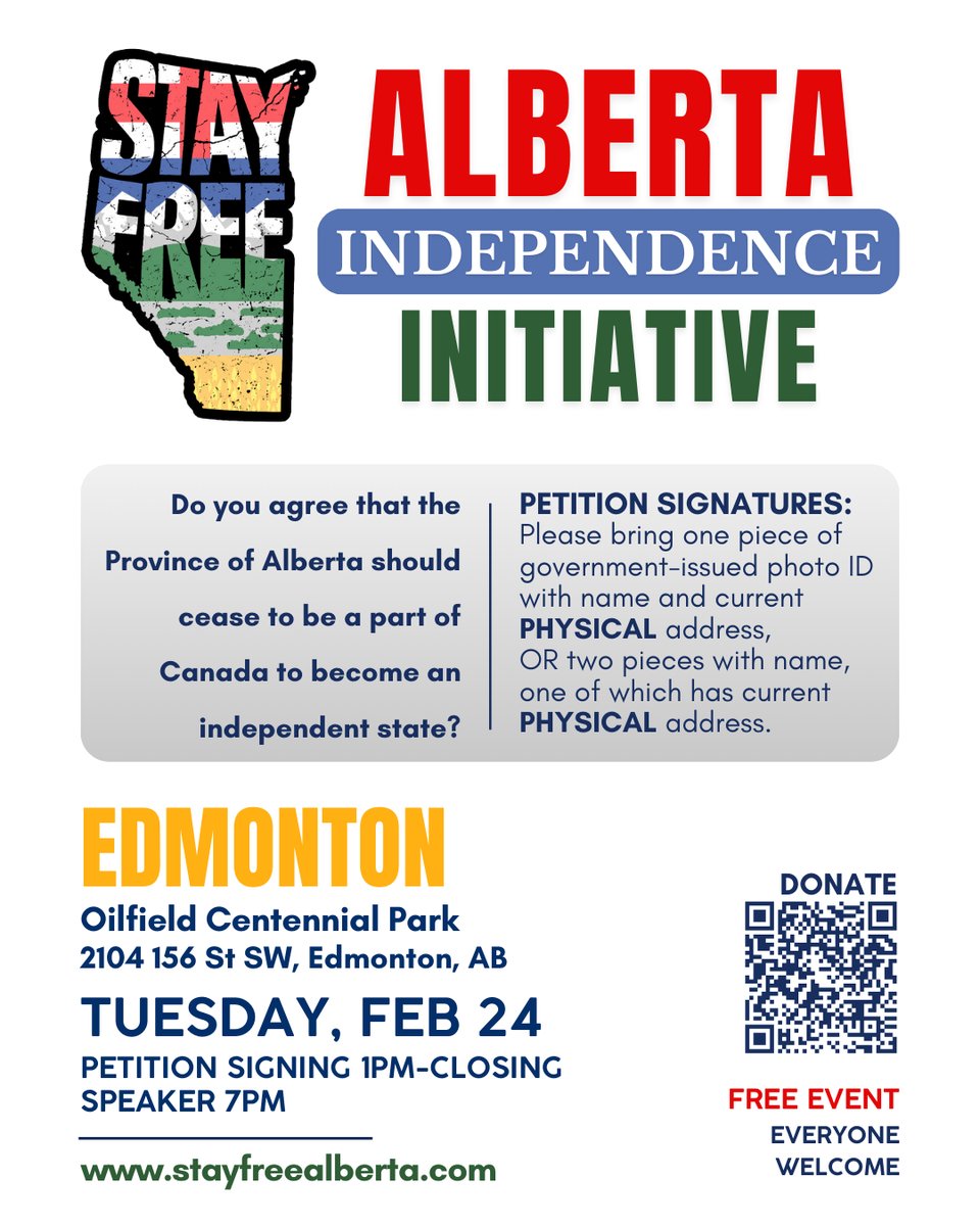 📍 EDMONTON RIVERBEND RESIDENTS — JOIN US FEBRUARY 24

If you live in the Edmonton Riverbend area, we invite you to attend a public petition signing event in your community.

The Alberta Independence Initiative is hosting an opportunity for Albertans to learn more and participate