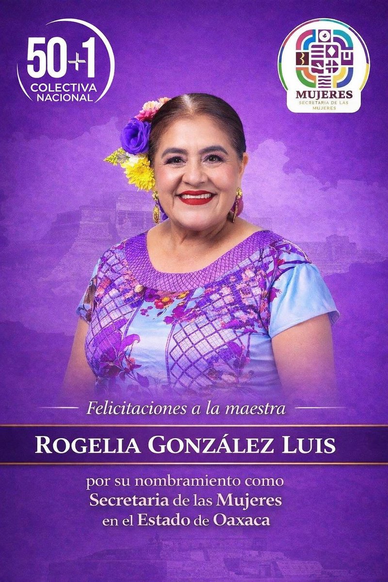✨ La Colectiva Nacional 50+1 felicita a la maestra <a href="/RogeliaGLuis/">Rogelia González Luis</a> por su nombramiento como Secretaria de las Mujeres de Oaxaca. Reconocemos su trayectoria, compromiso y firme convicción en la defensa de los derechos de las mujeres.
Le deseamos éxito en esta nueva responsabilidad!