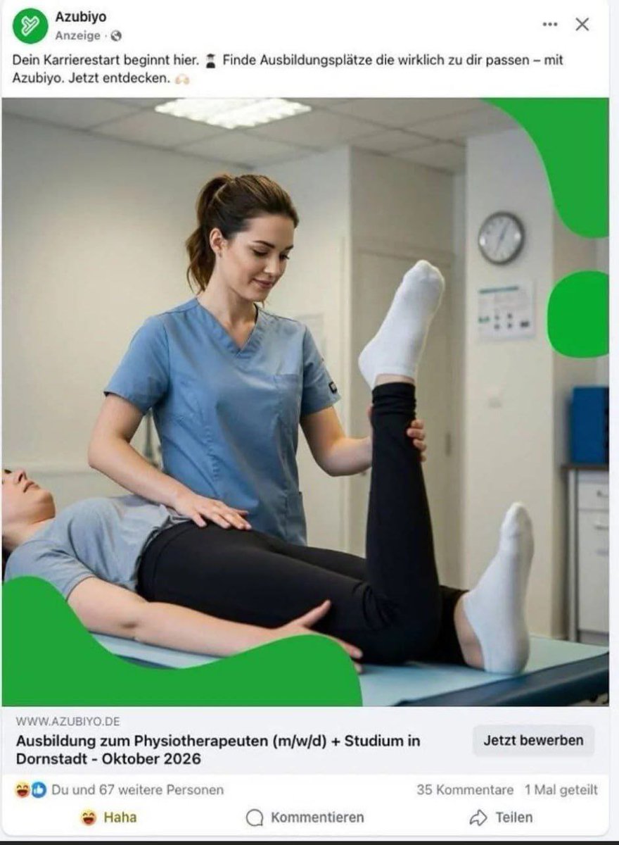 "Your career starts here": In Germany, an advertisement for physiotherapist courses was posted, featuring an AI-generated image 

Here, your career will end.