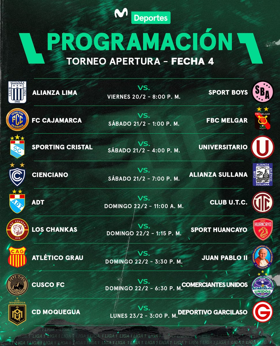 ¡𝐋𝐚 𝐥𝐮𝐜𝐡𝐚 𝐩𝐨𝐫 𝐞𝐥 𝐭𝐢́𝐭𝐮𝐥𝐨 𝐫𝐞𝐜𝐢𝐞́𝐧 𝐜𝐨𝐦𝐢𝐞𝐧𝐳𝐚! 🇵🇪🏆

La fecha 4 del Torneo Apertura 2026 está por comenzar y aquí te dejamos los horarios para que no te pierdas ningún detalle. Alianza Lima recibirá a Sport Boys en Matute, mientras que Sporting Cristal