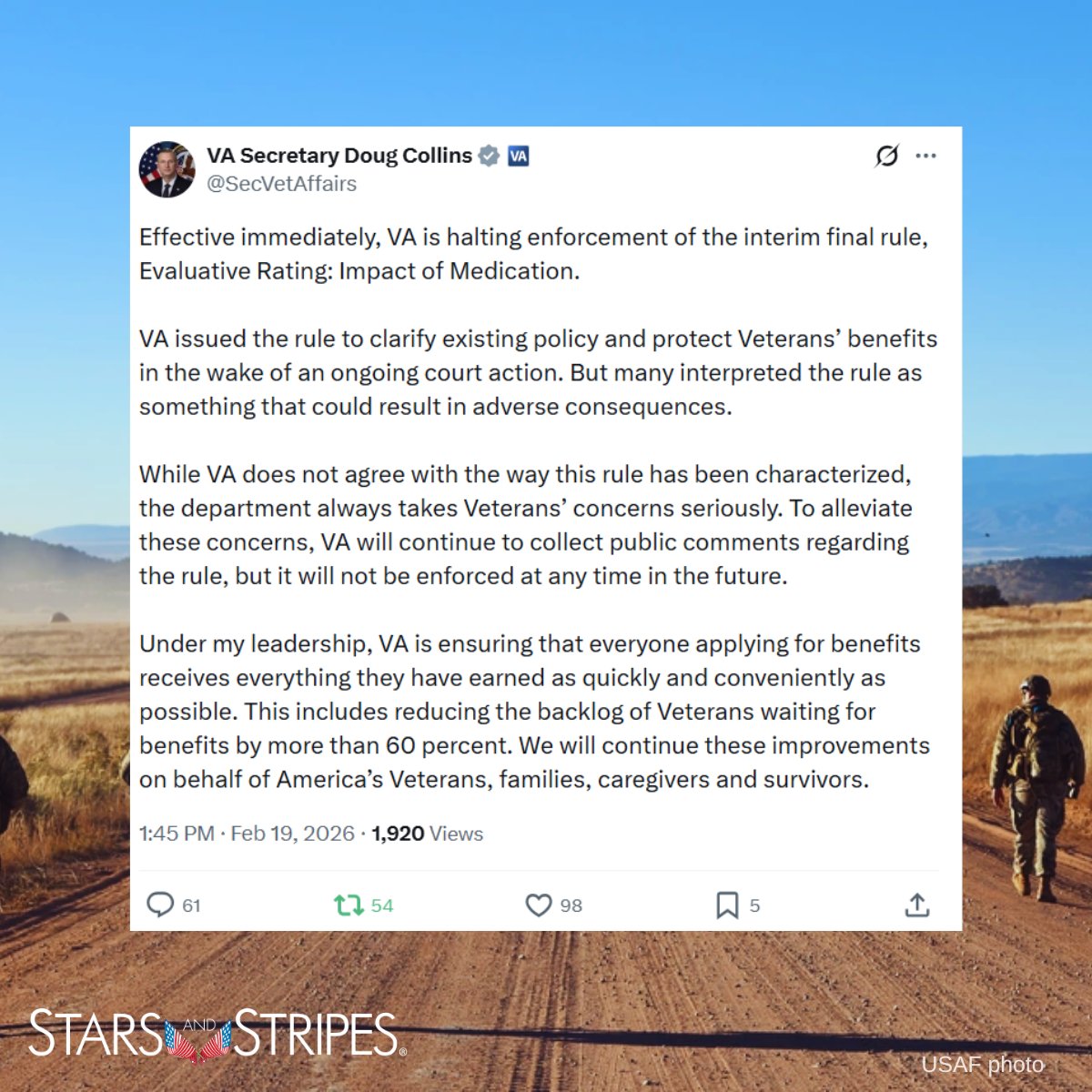 starsandstripes's tweet photo. EFFECTIVE IMMEDIATELY: The Department of Veterans Affairs abruptly announced that it would stop enforcing a new rule requiring disability ratings to be calculated by how well veterans function on medication and not solely on the underlying condition or injury itself.

The rule, which had gone into effect Tuesday without prior notice, was quickly condemned by major veterans groups as effectively lowering a veteran’s disability rating and subsequent monthly compensation.

Read more as this story develops:
https://t.co/LnSbymOebr