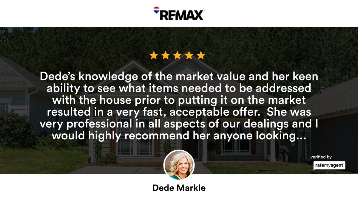 dedemarkle's tweet photo. Presented by Dede Puryear Markle, Re/Max Marketplace
My latest RateMyAgent review in Margaret.
NAR 105029788
https://t.co/Q9CsAWrhl6

...
#ratemyagent #realestate #REMAX_Marketplace https://t.co/phto1b9stZ