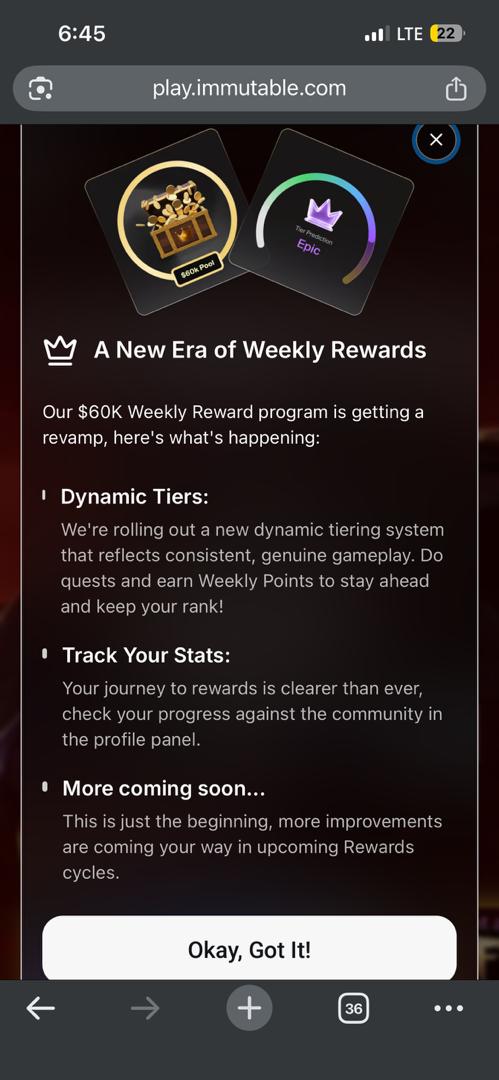 BVAULT10's tweet photo. 🚀 Big update from @Immutable.

The $60K weekly rewards system just got smarter and more competitive

Here’s what changed:
>> Dynamic tiers: your rank now reflects real, consistent gameplay

>> Weekly points: stay positioned by completing quests, stack points and stay ahead of https://t.co/Y6reSaIEPw