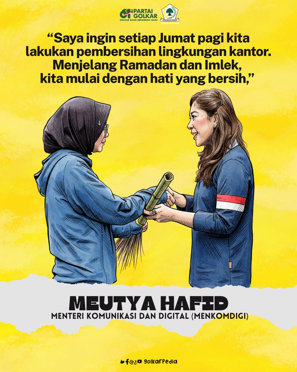 “Saya ingin setiap Jumat pagi kita lakukan pembersihan lingkungan kantor. Menjelang Ramadan dan Imlek, kita mulai dengan hati yang bersih,” 
Menteri Komunikasi dan Digital (Menkomdigi), Meutya Hafid
#partaigolkar #bahlillahadalia #golkarpedia #golkar2029

golkarpedia.com/menkomdigi-meu…