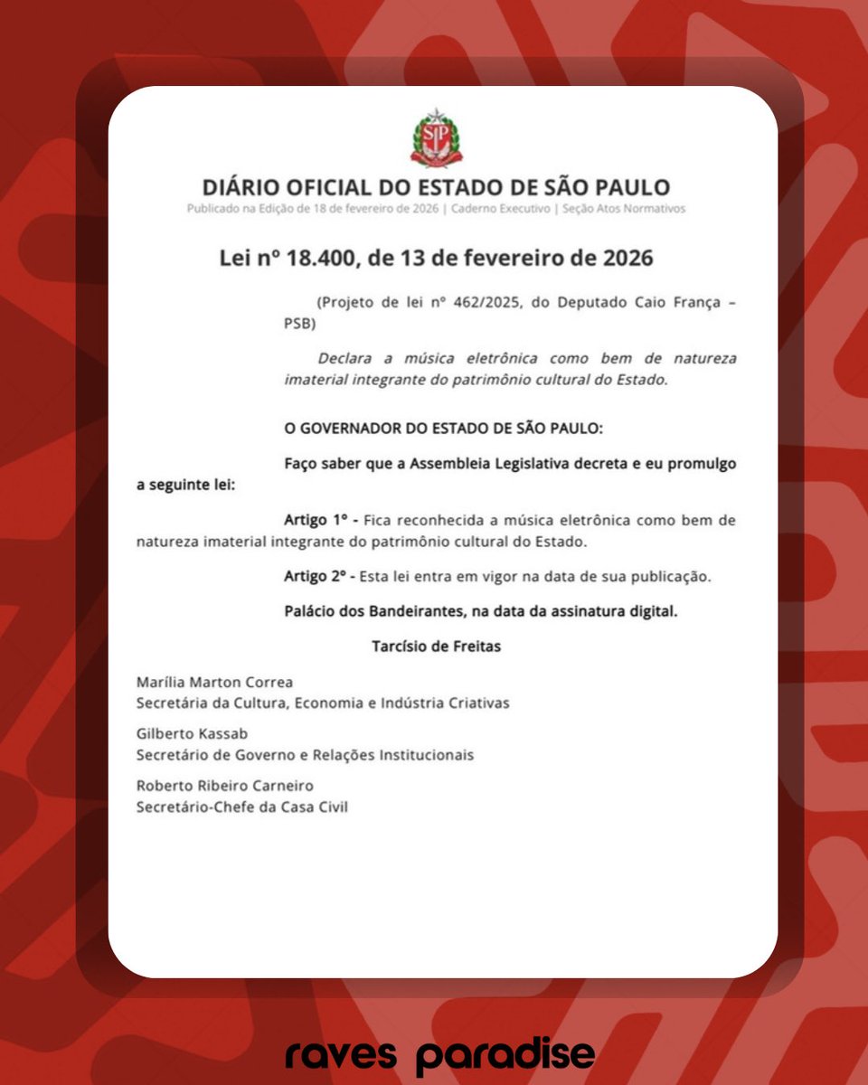 AGORA É LEI! A música eletrônica alcançou um marco histórico nesta quinta-feira com a sanção da Lei nº 18.400/26, que a institui como patrimônio cultural imaterial do Estado de São Paulo.