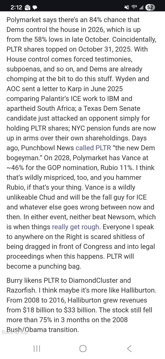 Probably one of the best short thesis I've heard on $PLTR lately. Dems will be coming after Palantir if they get control of the house, all the easy money contracts w/ the government will evaporate.

Asymmetric bet, $PLTR down big if dems win house, up a small amount if not.