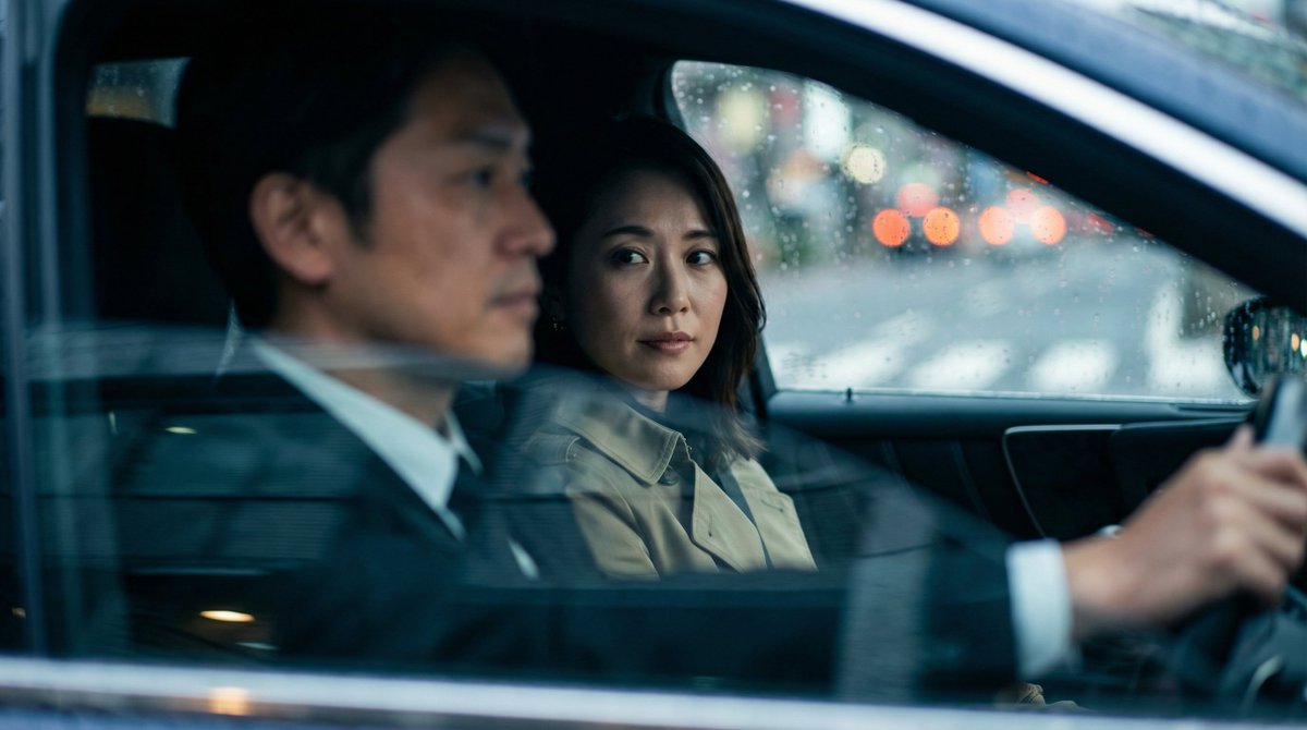 Japanese Couple in Parked Car During Heavy Rain