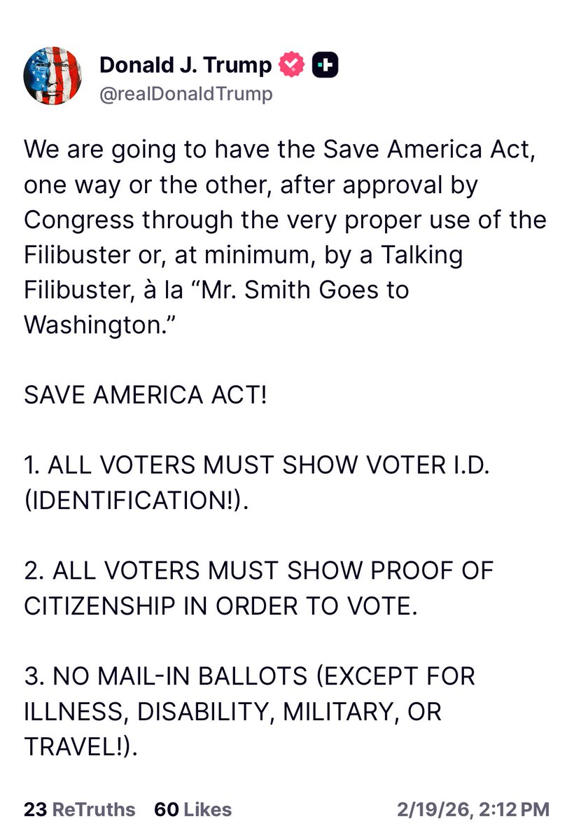 🚨JUST POSTED🚨

President Donald Trump has just posted this about the Save America Act: