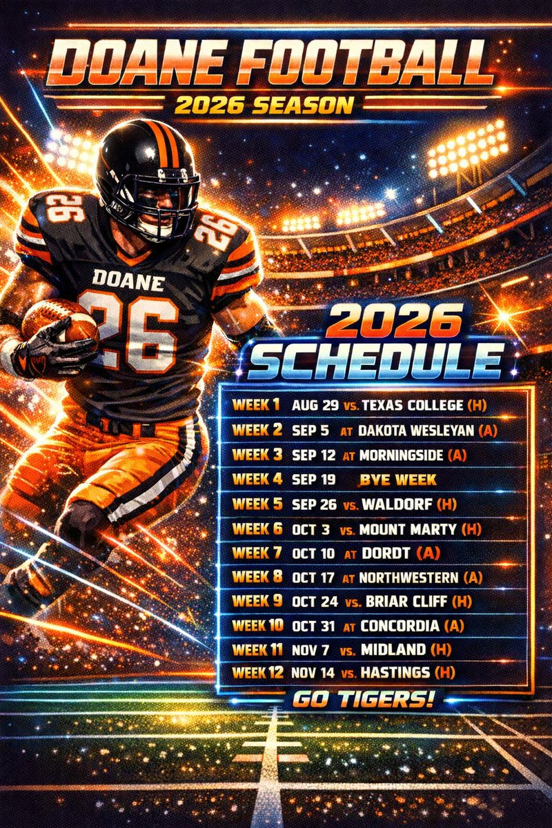 #DoaneFB will open the season at home next year under the lights with a non-conference game! 

11-game schedule is officially announced.