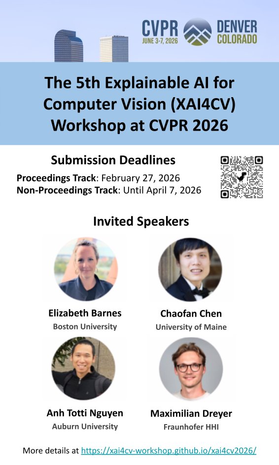 miguelangelft's tweet photo. The #XAI4CV workshop lineup has been revealed!🚀Celebrate its 5 years at @CVPR with researchers at the forefront of #XAI and a tutorial on concept-based interpretability and control in foundation models. We accept papers & demos across 2 tracks! #CVPR2026 https://t.co/s5ayGF6iJ3 https://t.co/4MWvAkclEj