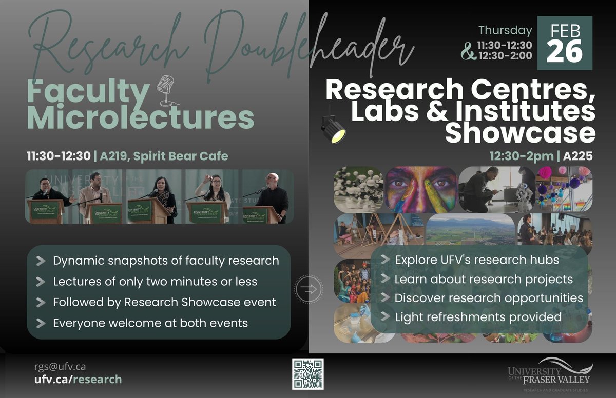 UFVresearch's tweet photo. 📆ONE WEEK TO GO!

22 dynamic faculty presentations followed by a showcase of 11 hubs of research, highlighting the range of research happening at UFV.

Don't miss this lunchtime feast of research excellence. Everyone welcome!

👉 https://t.co/44ZrLzUtGM https://t.co/5aD9uBDeov