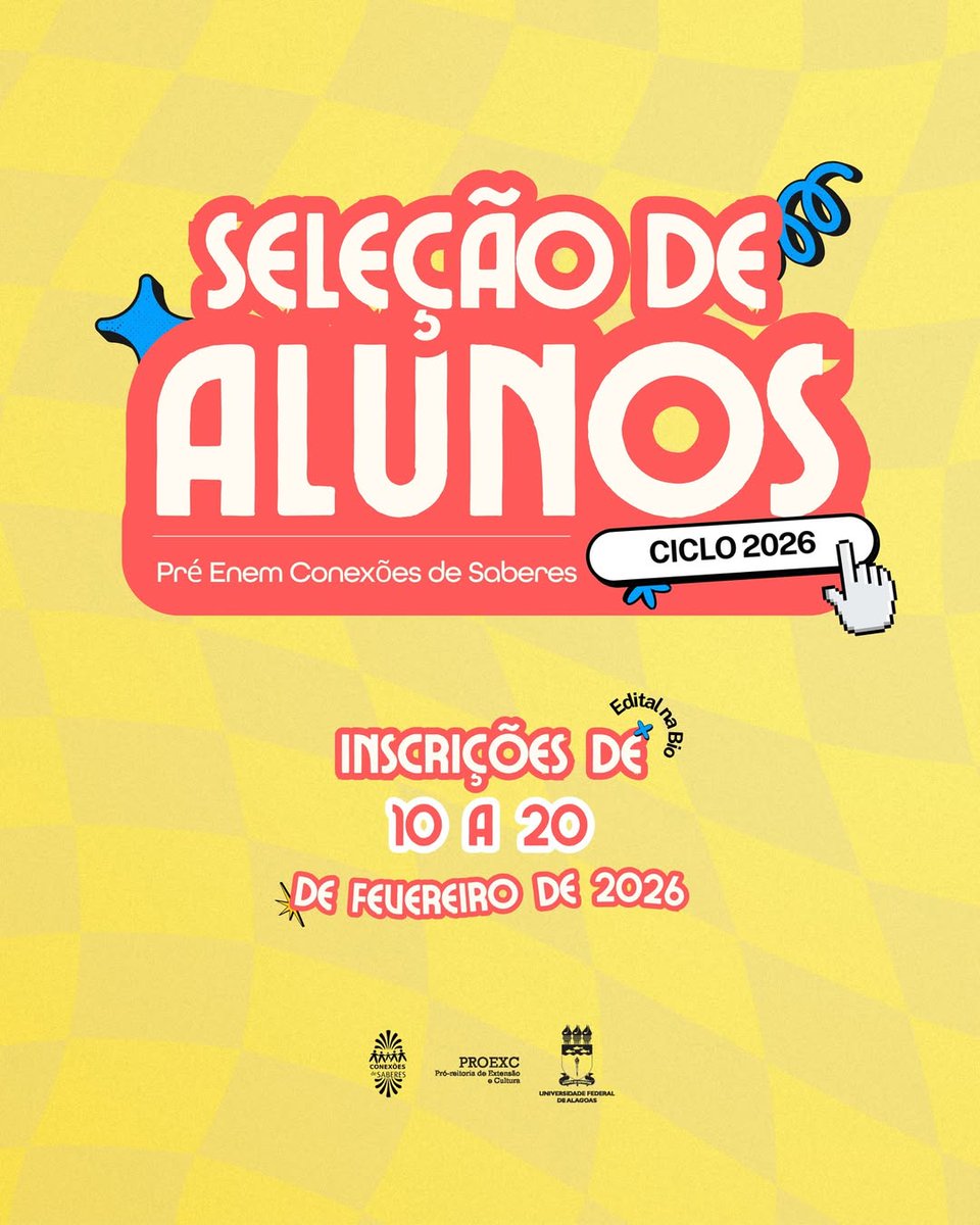proexufal's tweet photo. Estão abertas as inscrições para o Curso Pré-Enem Conexões de Saberes 2026, com 200 vagas destinadas a estudantes de escolas públicas.

Inscreva-se em: https://t.co/Nre3JBuaab https://t.co/sVnlmFcXEU