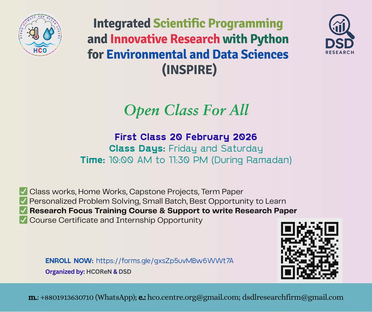 MohanKDas's tweet photo. INSPIRE: Python for Environmental and Data
1st Class is open for all  (Zoom ID: 955 1992 4151)
20th Feb. 2026 at 10:00 AM BST (UTC +06:00)
Reg. Link and Course Access (Special Discount for Students):
https://t.co/XpSXZ8Fe3b https://t.co/6aPixfsRvZ