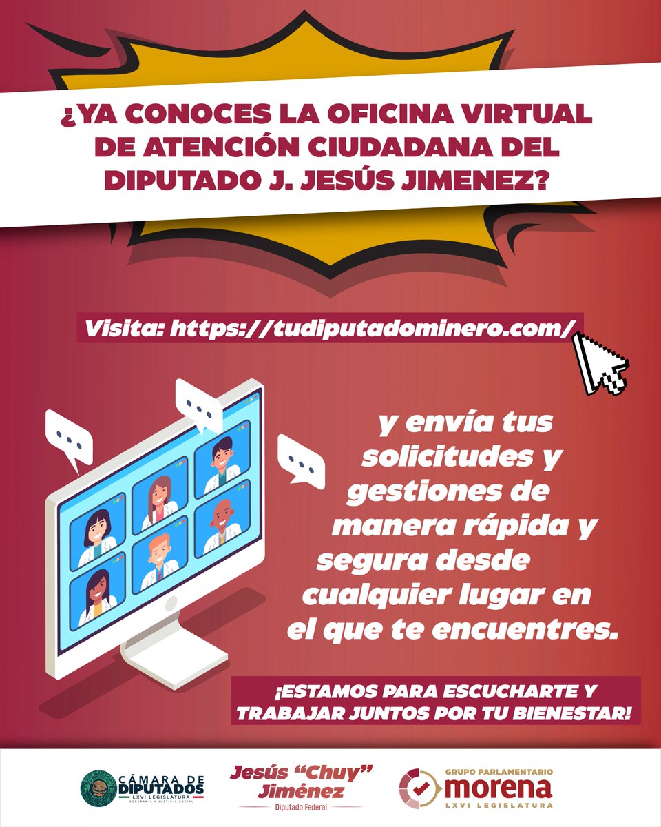 ¿Tienes dudas o necesitas apoyo en trámites federales?
La Oficina Virtual de Atención Ciudadana del Diputado Jesús Jiménez está para ayudarte.
Envía tu solicitud y recibe atención directa.

🌐 tudiputadominero.com