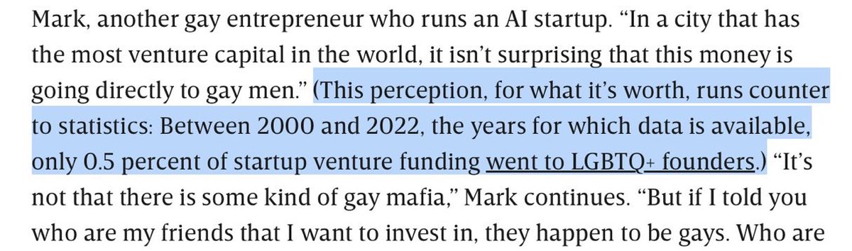 Scott_Wiener's tweet image. .@WIRED published a tabloid conspiracy piece about how the gays are running Silicon Valley, control everything, use saunas together &amp;amp; discriminate against non-gay people.

Buried deep in the article: From 2000 to 2022, a whopping .5% of venture funding went to LGBTQ founders.

🤯