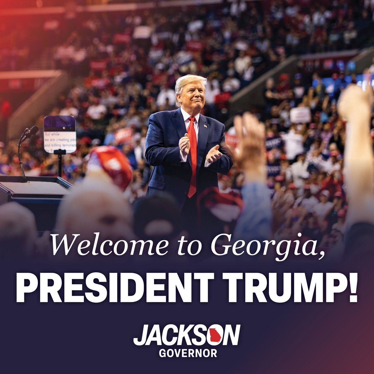 RickJacksonGA's tweet photo. Welcome back to Georgia, President Trump! 

The president’s been great for our state and country. Inflation has fallen to 2.4%, TrumpRx is lowering prescription costs, the border is secure, and America is respected on the world stage again. 

For President Trump’s agenda to continue working, he needs state level partners committed to action, not talk. That’s why I’ll be his favorite governor – I’ll work with him to put Georgians first.