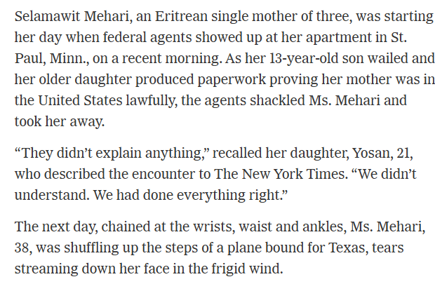 One of the most APPALLING acts by the Trump admin yet. They claim that unbeknownst to everyone, in 1980 Congress ordered the government to put every legally present refugee in chains on the one year anniversary of their arrival in the US.

Here's what that looks like in practice.